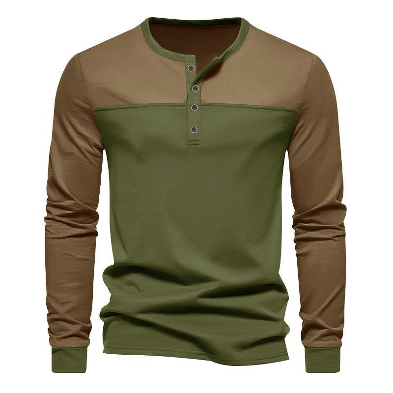 Retro Trendy Long-sleeve Color Matching Henry Collar Bottoming Shirt Casual T-shirt Brown Army Green - D&A