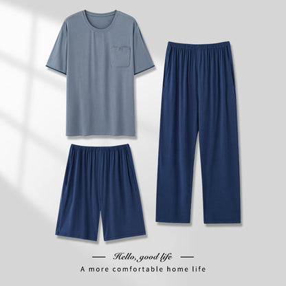 Men's Pajamas Thin Spring And Summer Modal Short-sleeved Trousers Three-piece Home Wear Suit QK1682 - D&A