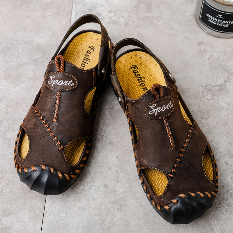 Men's Breathable Casual Hollow Leather Sandals Dark brown - D&A