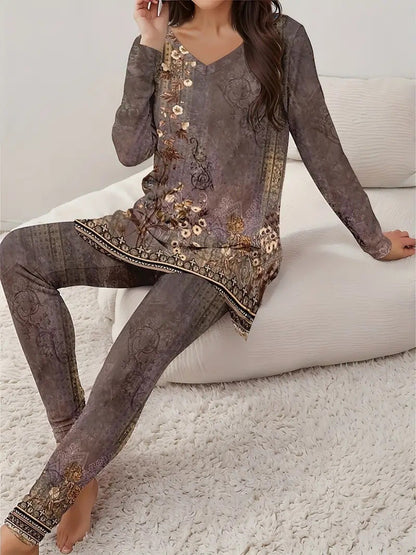 Women Vintage Fashion Floral V-neck Long Sleeve Leggings Printing Suit Figure 2 - D&A