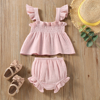 Girls' Solid Color Sling Top Hot Pants Suit - D&A