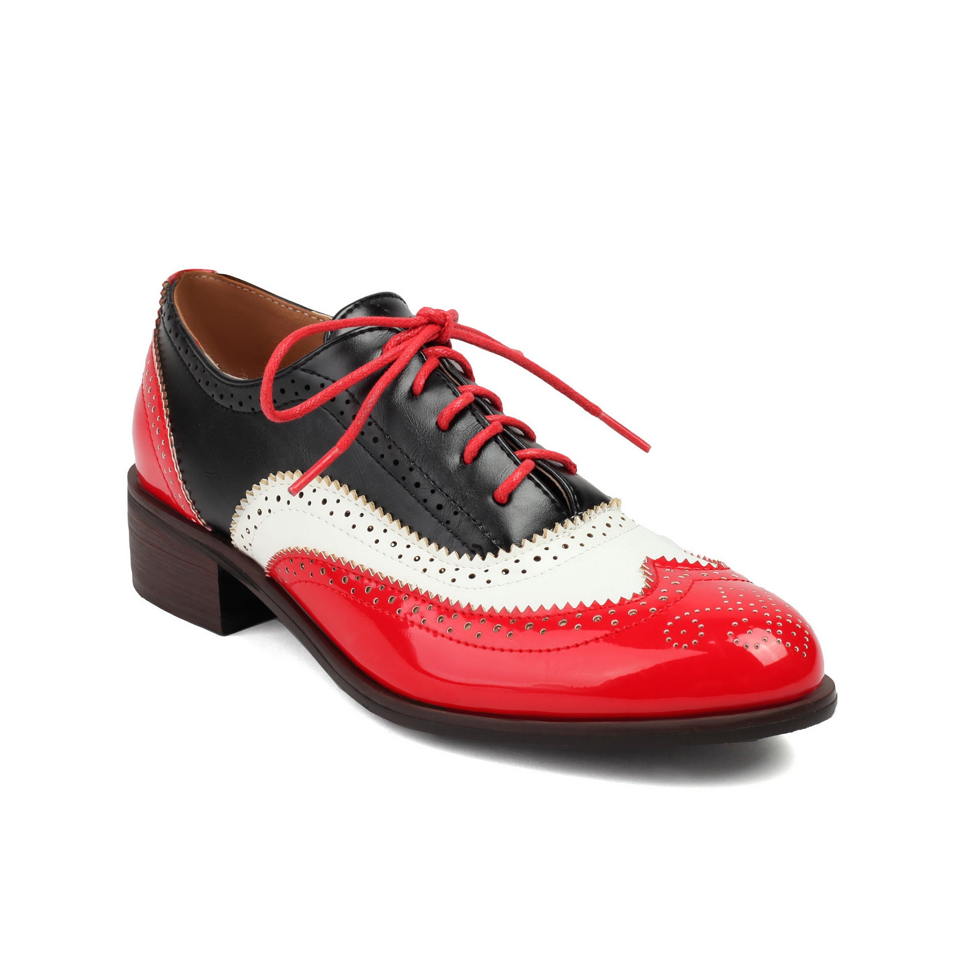 Retro British Contrasting Color Brogue High-cut Lace-up Shoes Red - D&A