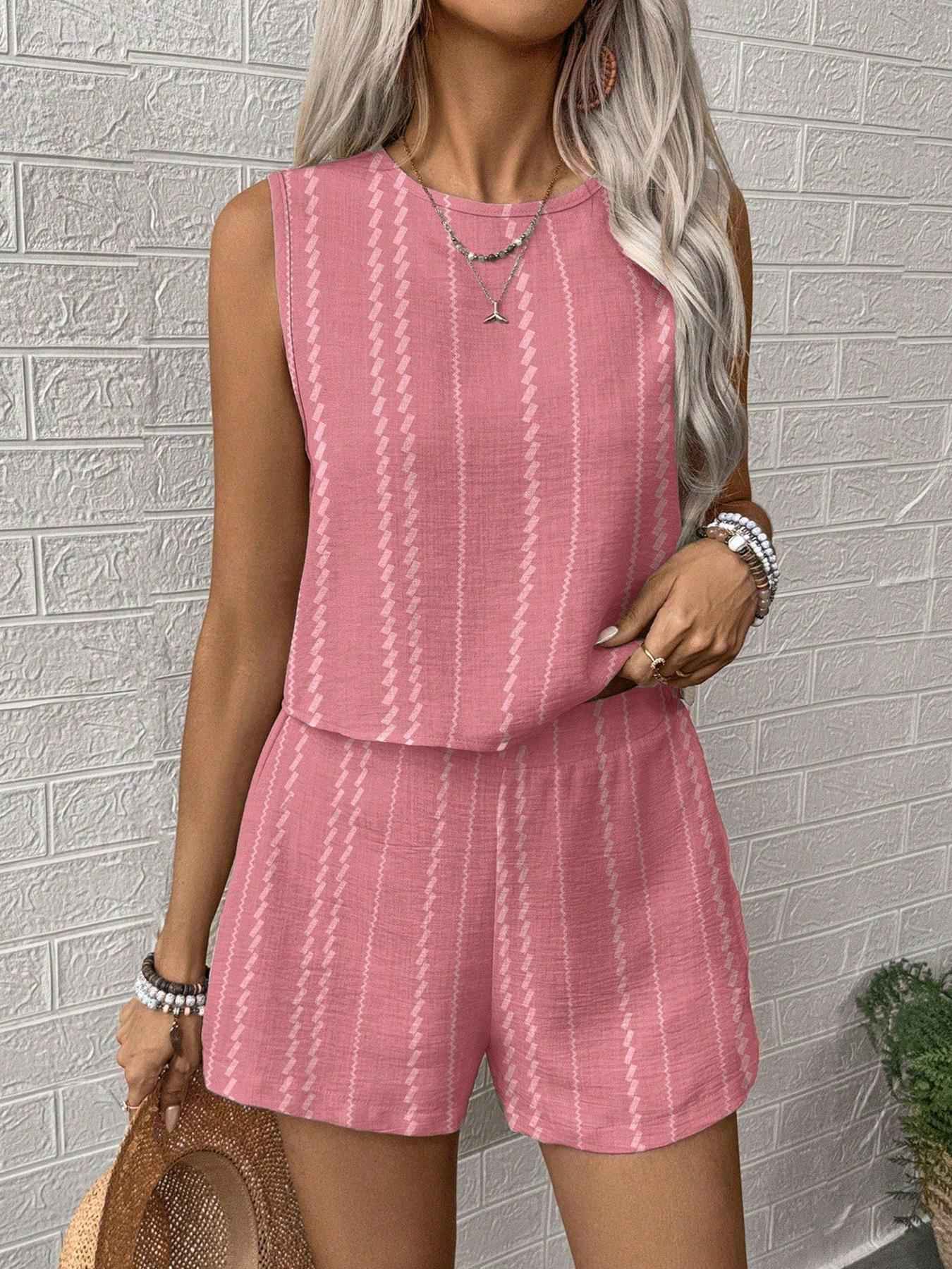 Casual Craft Stripe Printing Sleeveless Tank Top Shorts Suit