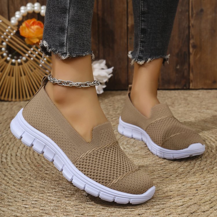 Mesh Breathable Flat Solid Color Casual Shoes For Women Khaki - D&A