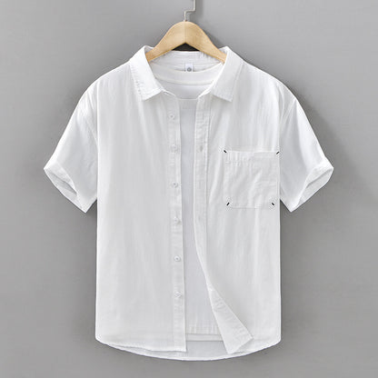 Summer Men's Casual Short-sleeved Cotton Shirt White - D&A
