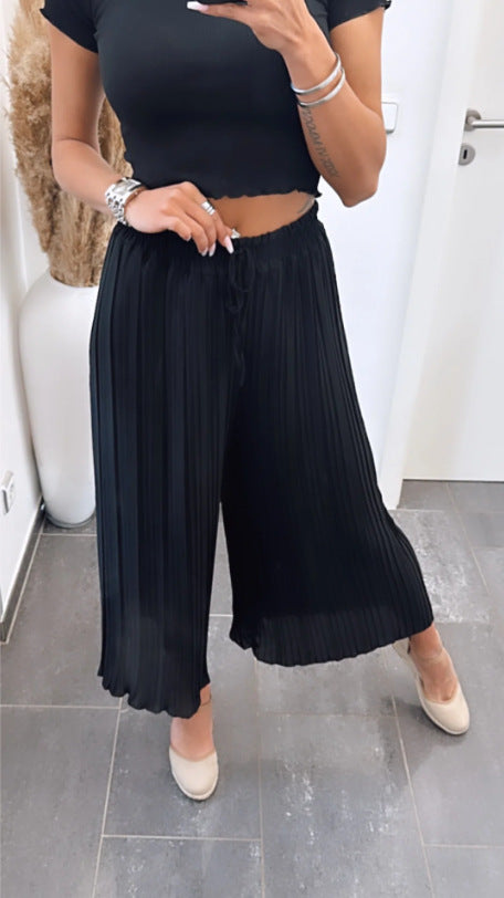High Waist Casual Draping Pleated Straight-leg Pants Black - D&A