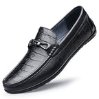 Round Toe Embossed Casual Leather Shoes Flat Heel Black - D&A