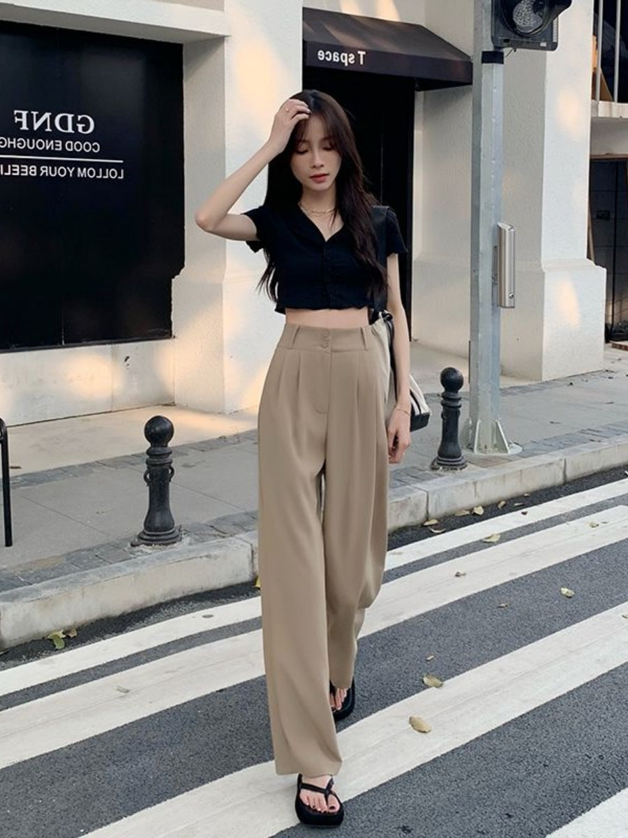New High Waist Drooping Straight Pear Shapes Pants Khaki - D&A