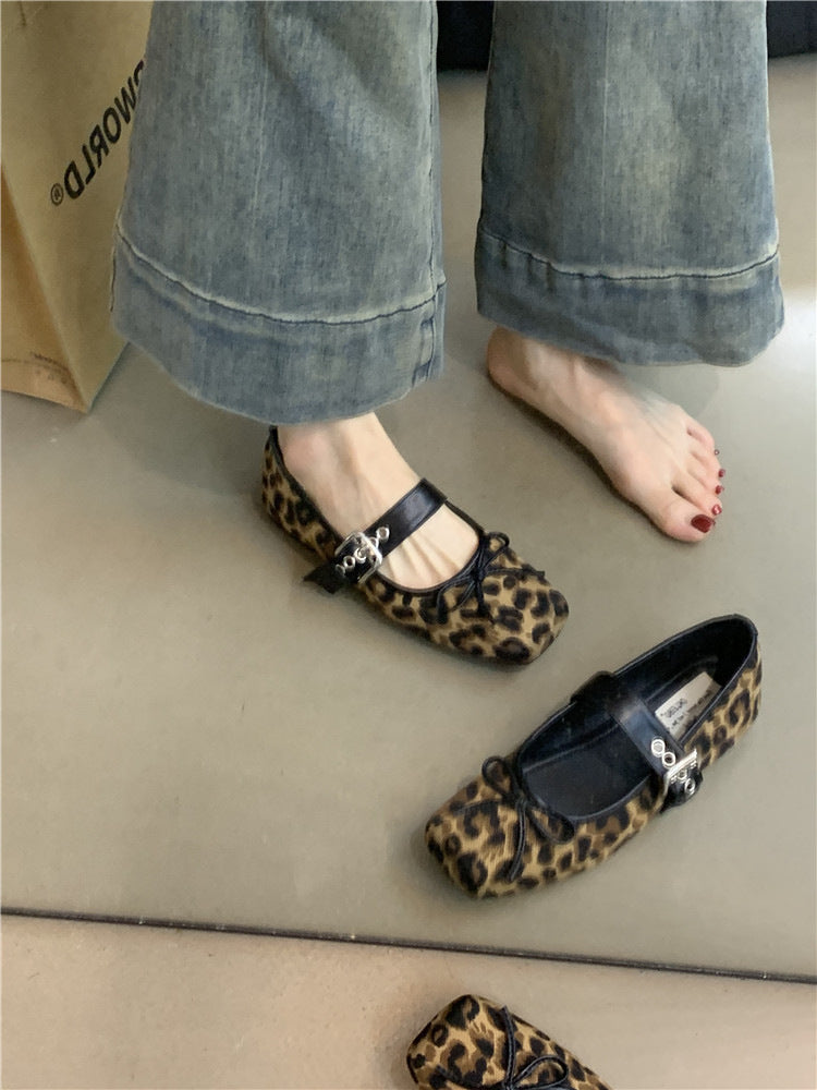 Flat Bow Ballet Silver Belt Buckle Shoes Leopard Print - D&A