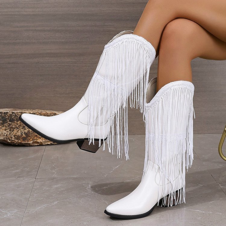 European And American Fashion Middle Fashion Boots Female Retro Chunky Heel Pleated Western Knight 10132 White - D&A