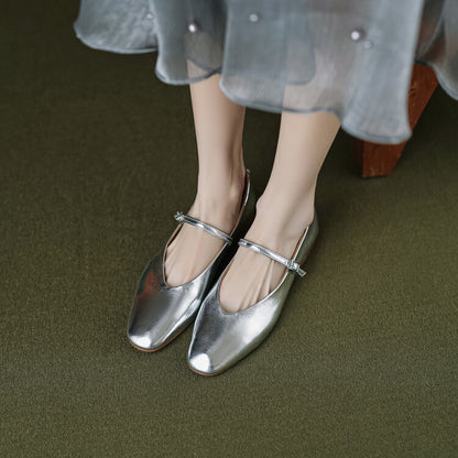 Women's Round Toe Shallow Mouth Flat Bottom Mary Jane Shoes Silver - D&A