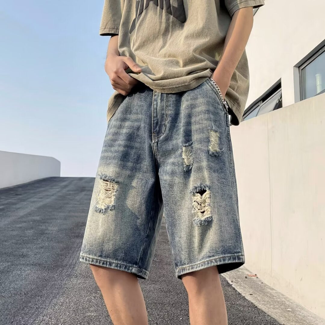 American-style Retro Tattered Jeans Men's Shorts Denim Blue - D&A