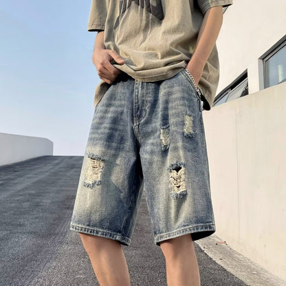American-style Retro Tattered Jeans Men's Shorts Denim Blue - D&A