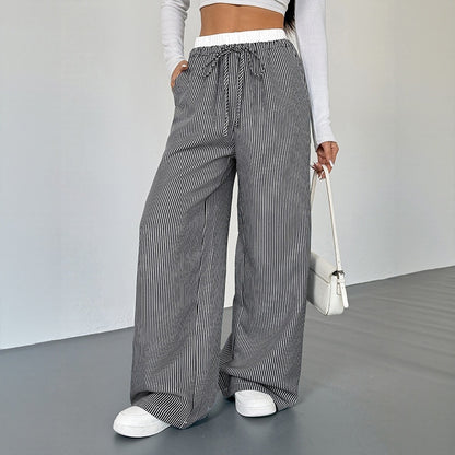 Women's Stitching Striped Casual Trousers Black - D&A