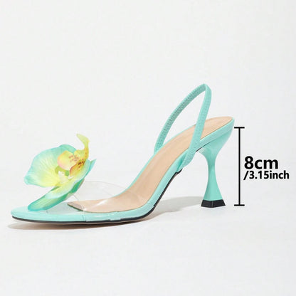 Women's Round Toe Three-dimensional Flower Back Strap Stiletto Heel Sandals - D&A