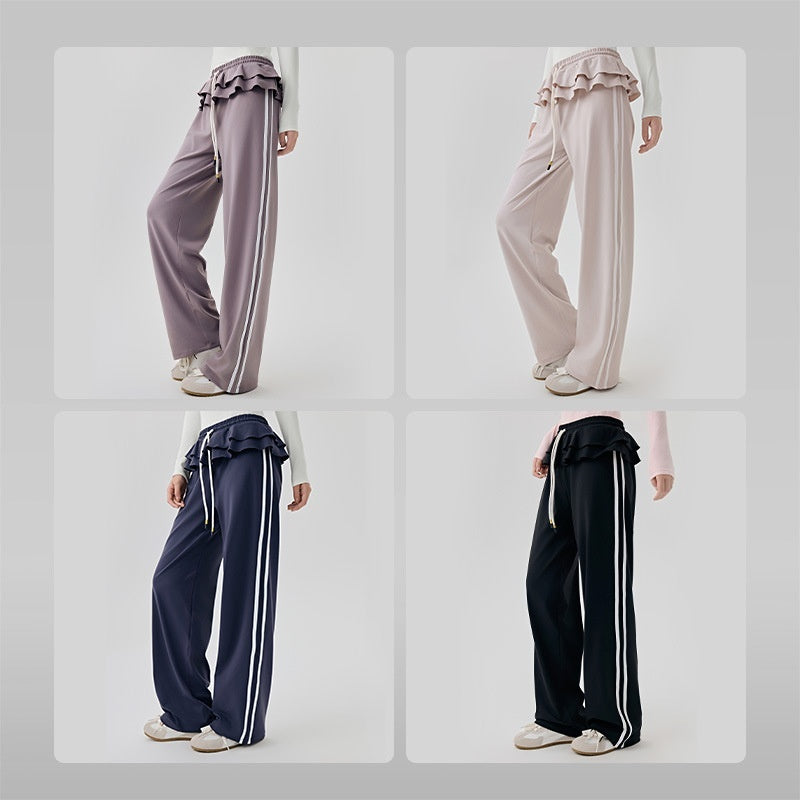 Loose Sports Pants Casual Women's Flounced Design Ballet Style Fashionable Side Stripes - D&A