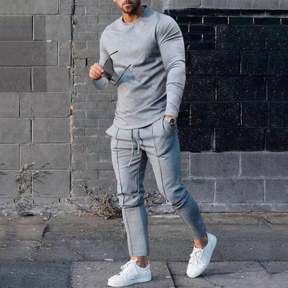 Spring Round Neck Long Sleeve T-shirt Trousers Solid Color Men's Two-piece Suit - D&A