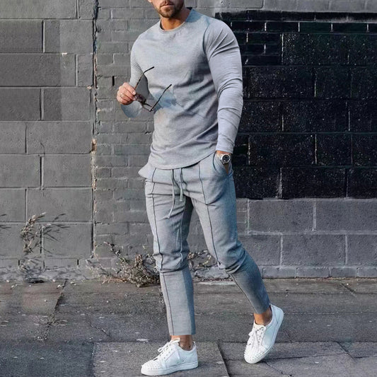 Spring Round Neck Long Sleeve T-shirt Trousers Solid Color Men's Two-piece Suit - D&A