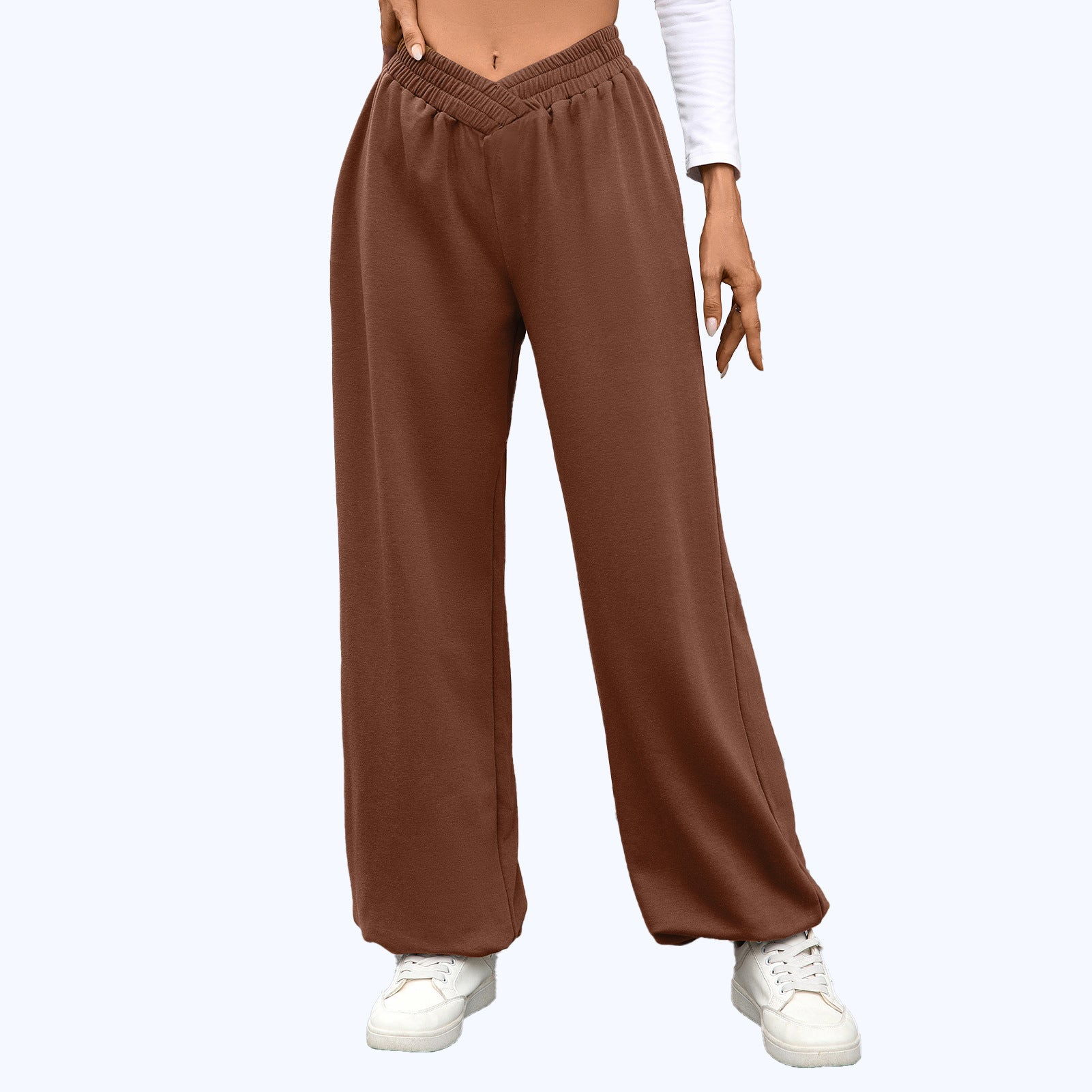 High Waist Pure Color Pocket Ankle-tied Trousers Casual Pants For Women Brown - D&A