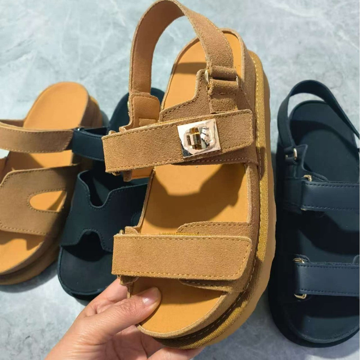 Plus Size Platform Sandals Suede Velcro Outdoor Roman Sandals Women's Shoes - D&A