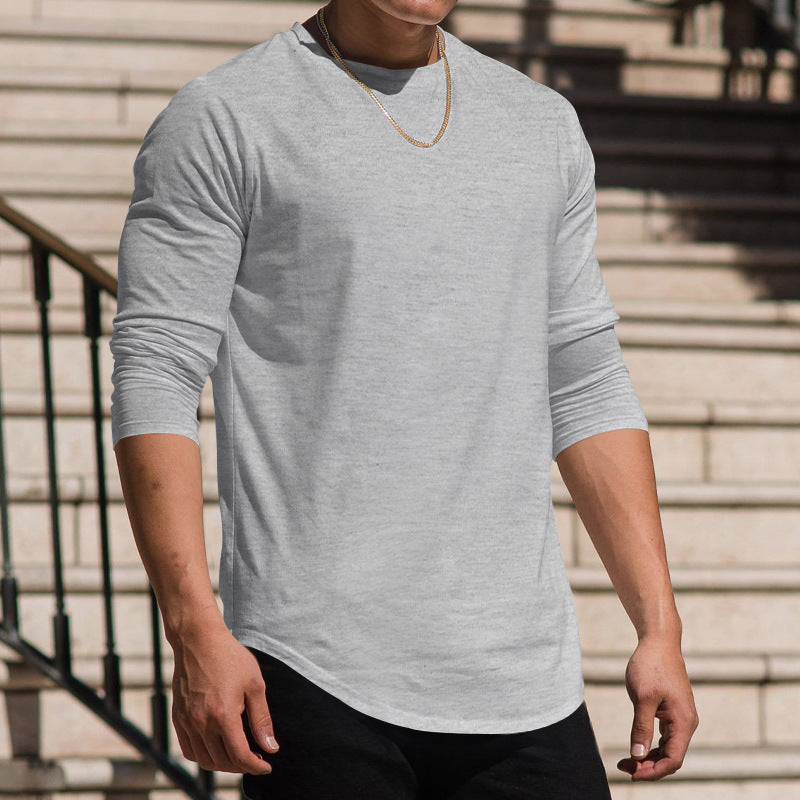 Men's Long-sleeved Casual Round Neck Solid Color Top Bottoming T-shirt Light Gray - D&A