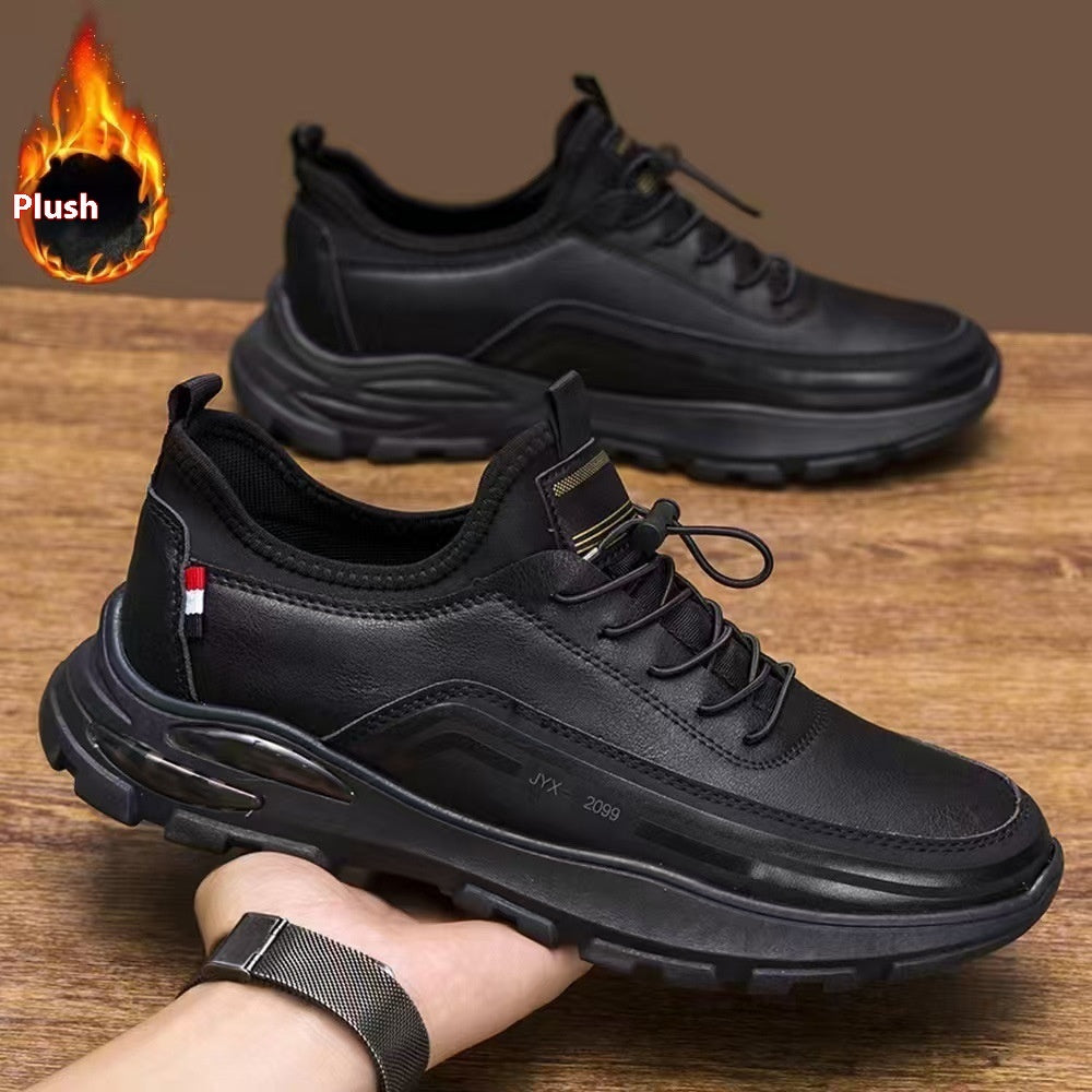 Men's Fleece Lined Padded Warm Keeping Waterproof Sneakers Black Cotton - D&A