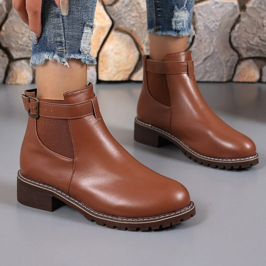 Belt Buckle Decoration Round Head Ankle Boots - D&A
