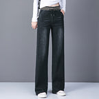 Plus Size High Waist Straight Drooping Pants Jeans Mop Pants Bell-bottom Pants 9192 Black Unlined Trousers - D&A