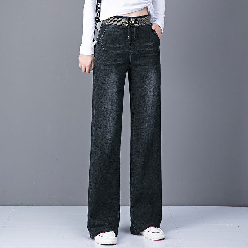 Plus Size High Waist Straight Drooping Pants Jeans Mop Pants Bell-bottom Pants 9192 Black Unlined Trousers - D&A
