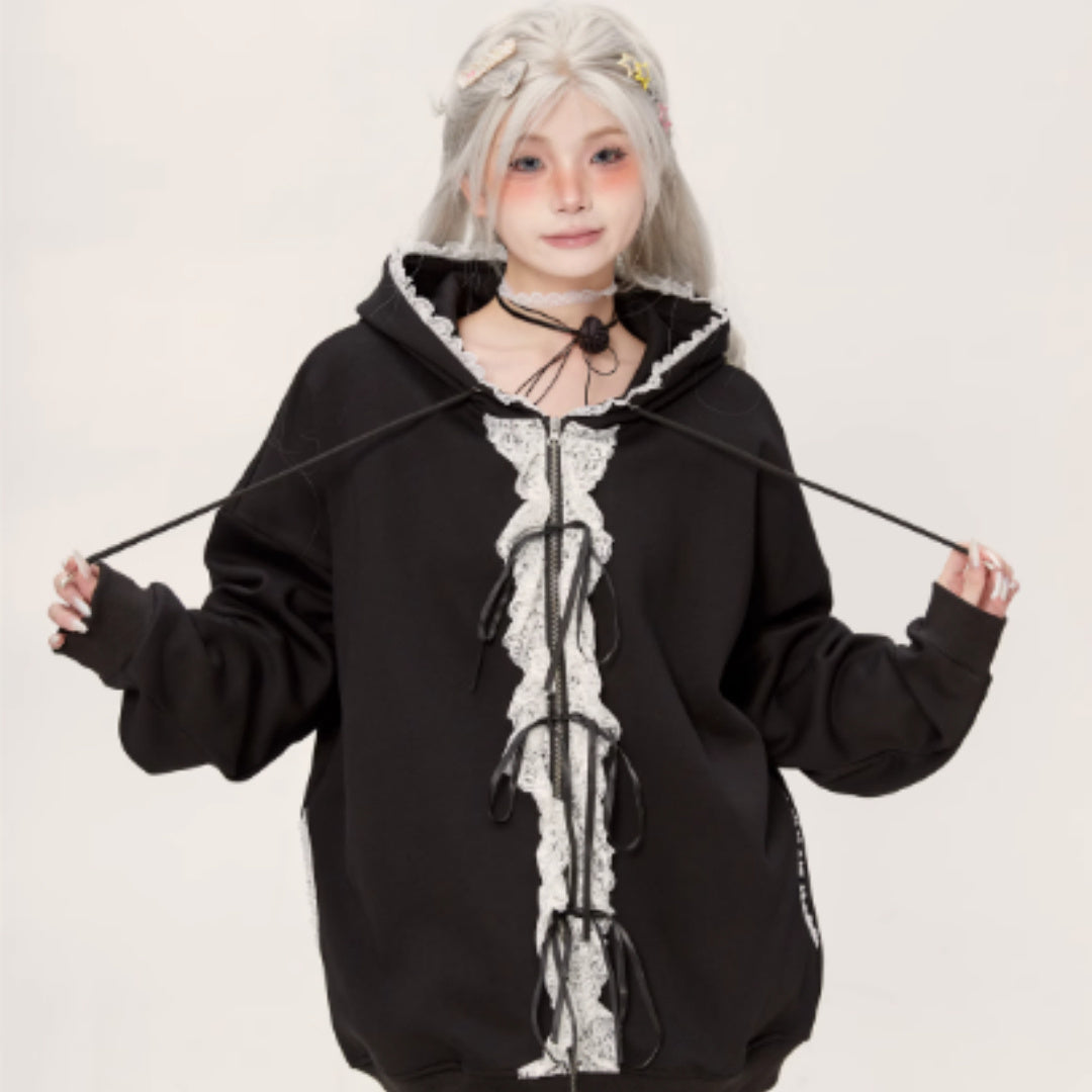Lace Lace Zipper Gray Hoodie Jacket For Women Black - D&A