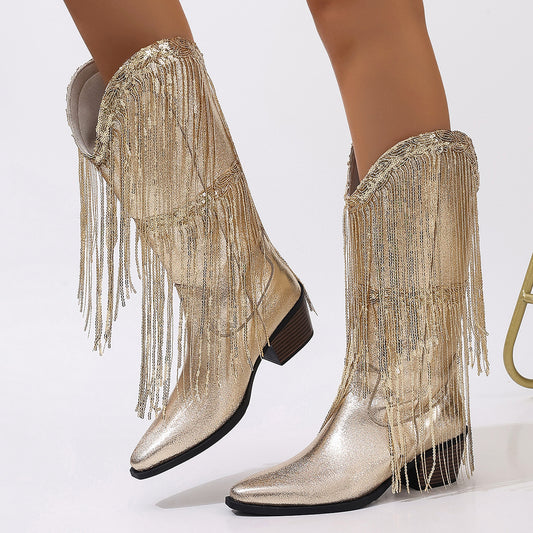 European And American Fashion Middle Fashion Boots Female Retro Chunky Heel Pleated Western Knight - D&A