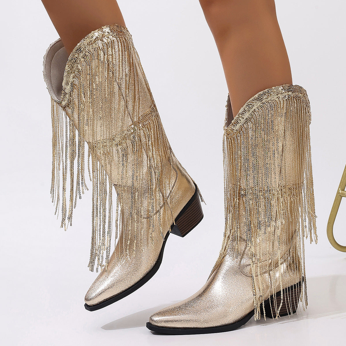 European And American Fashion Middle Fashion Boots Female Retro Chunky Heel Pleated Western Knight 10132 Gold - D&A