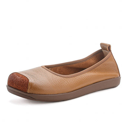 First Layer Cow Autumn Leather Shoes Flat Heel Comfort 86167 Khaki - D&A