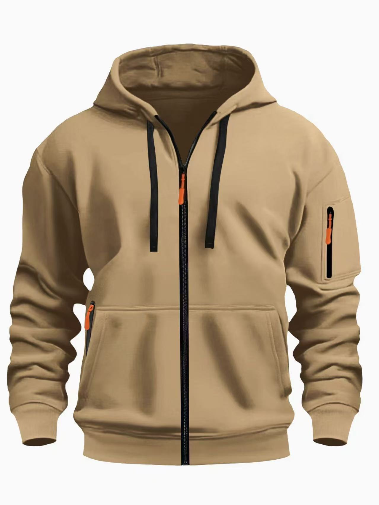 Zipper Hooded Sweatshirt Men's Sports Casual Cardigan Coat Camel - D&A