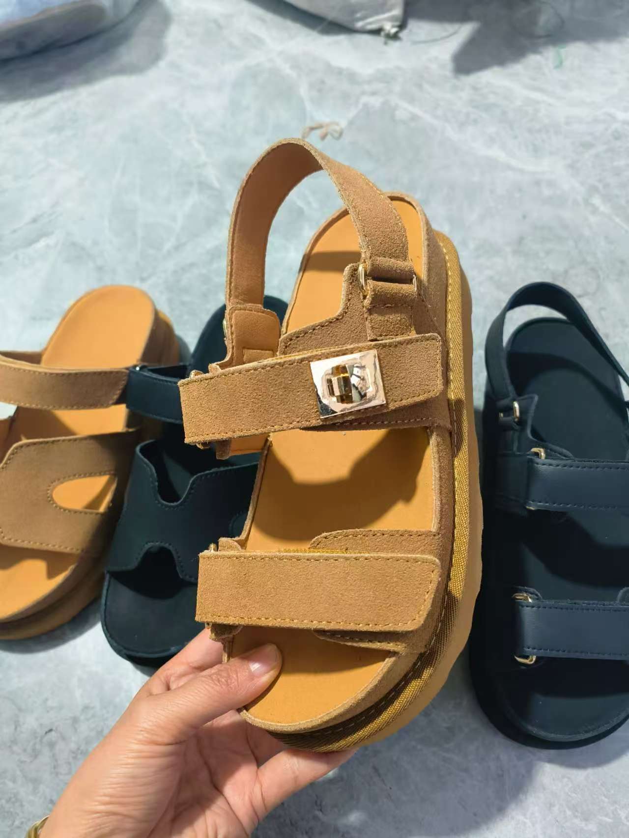 Plus Size Platform Sandals Suede Velcro Outdoor Roman Sandals Women's Shoes Brown - D&A