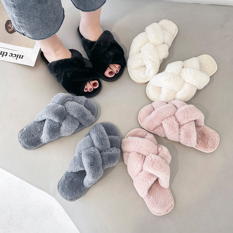 Open Toe Fluffy Slippers Women's Artificial Fur Couple Plush - D&A