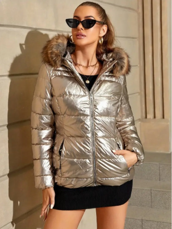 Women's Winter Ultralight Padded Jacket With Hooded Fur Collar Detachable Concealed Zipper Pocket Quilted Padded Jacket - D&A