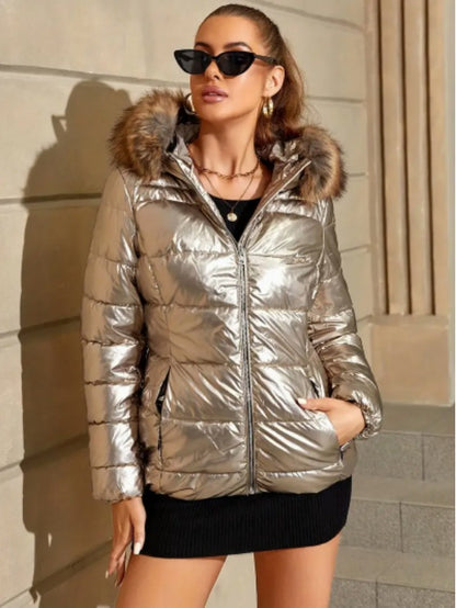 Women's Winter Ultralight Padded Jacket With Hooded Fur Collar Detachable Concealed Zipper Pocket Quilted Padded Jacket - D&A