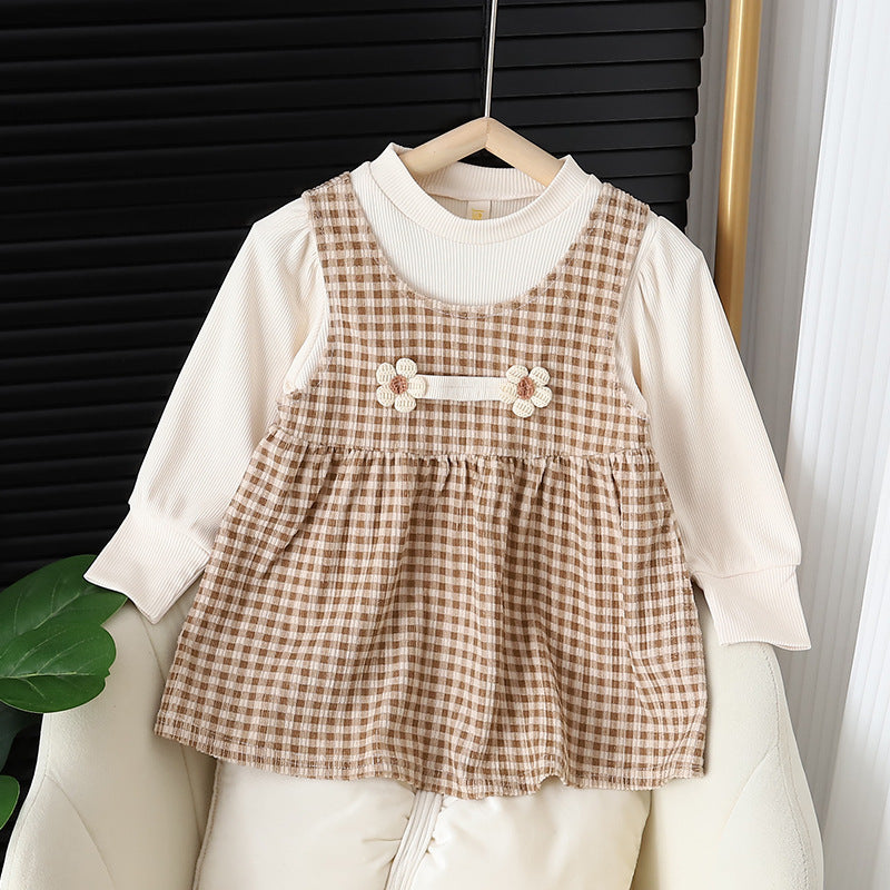 Baby Girl Round-neck Long-sleeved Dress Suit Light Brown - D&A