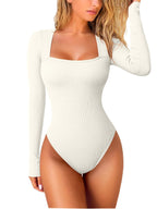 Oumeiya Sexy Rib Square Collar Long Sleeve Belly Contracting Casual Women's Jumpsuit Beige - D&A