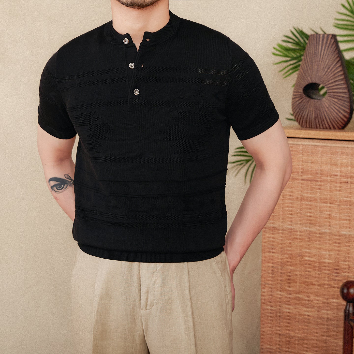 Jacquard Tencel Cotton Blended Knitted Henley Shirt Short-sleeved T-shirt Black - D&A