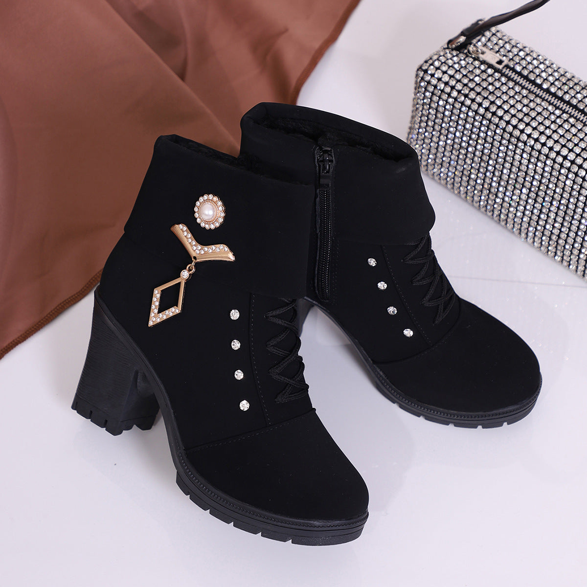 Plus Size Martin Boots Rhinestone High-heeled Cotton Boots - D&A
