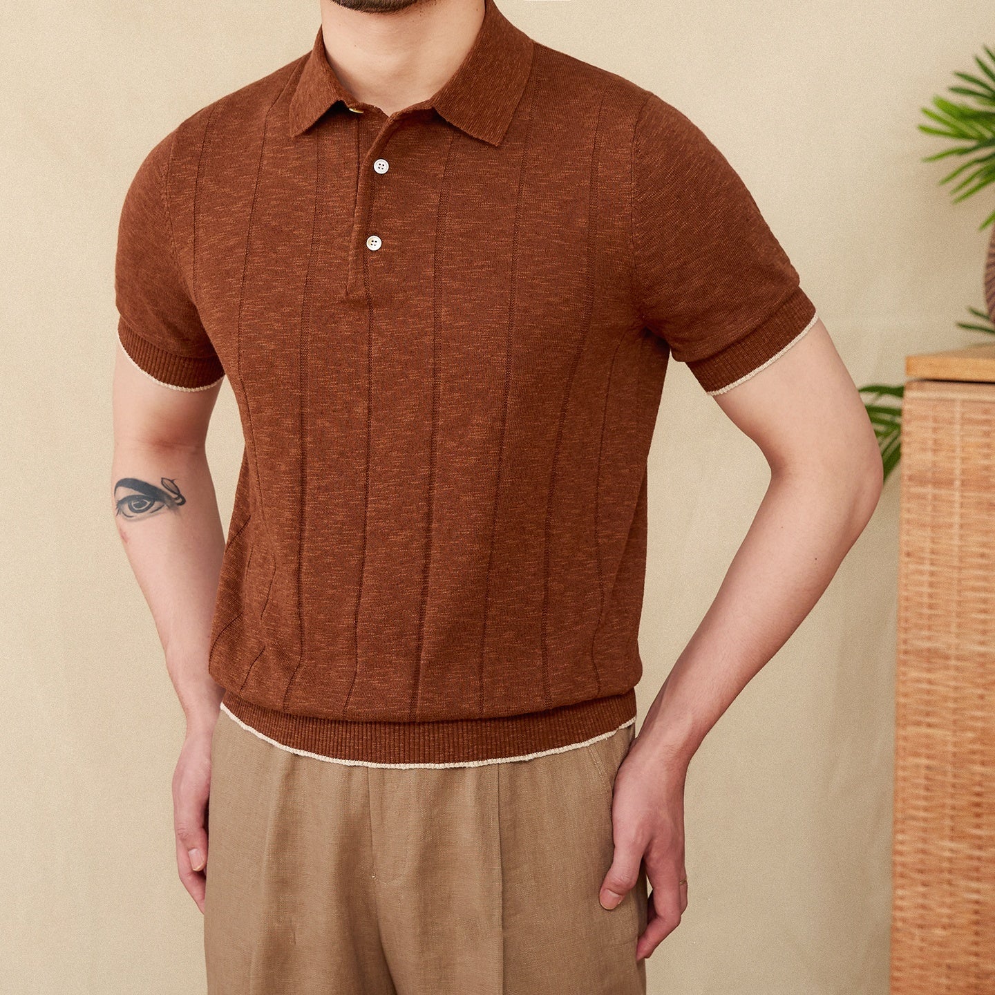Linen Cotton Blended Men's Lapel Knitted Polo Shirt - D&A