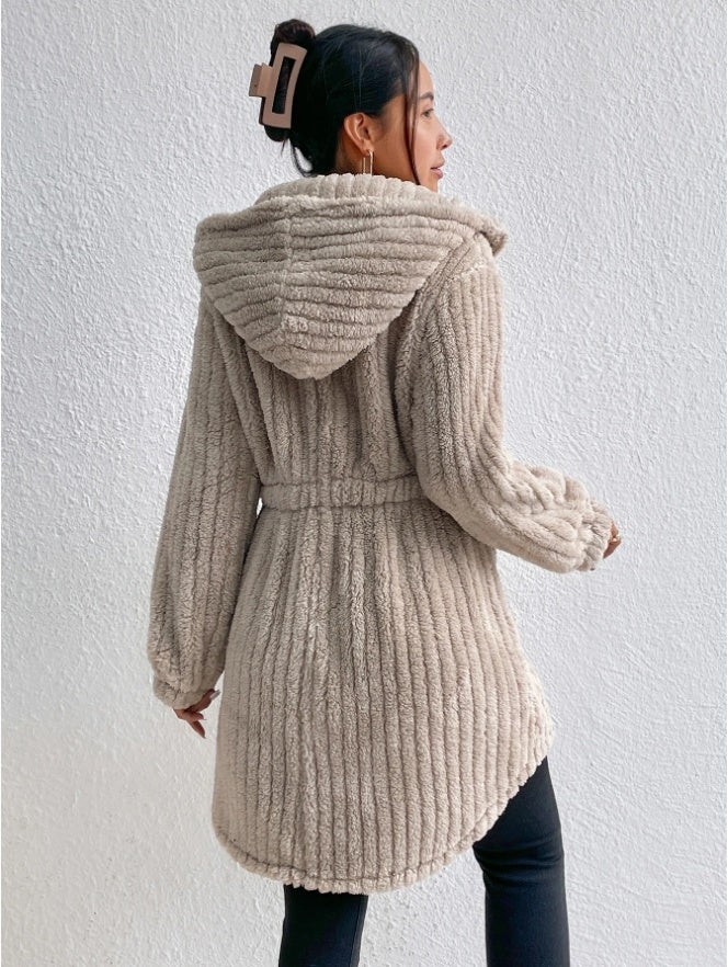 Button Front Hooded Teddy Coat - D&A