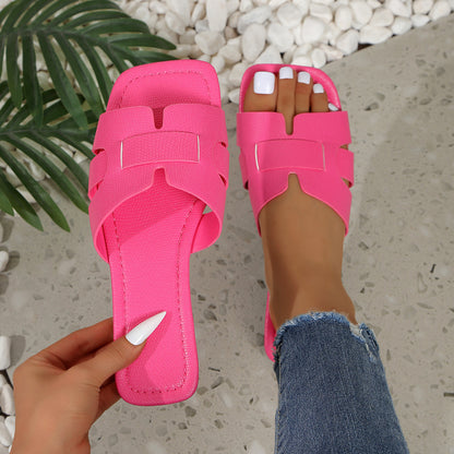 Solid Color Lightweight Flat Slippers Women's Outdoor Beach Sandals Rose Red - D&A