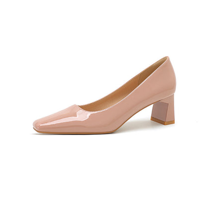 Classic Style High Heel Patent Leather Square Toe Light Luxury French Shoes Nude Pink - D&A