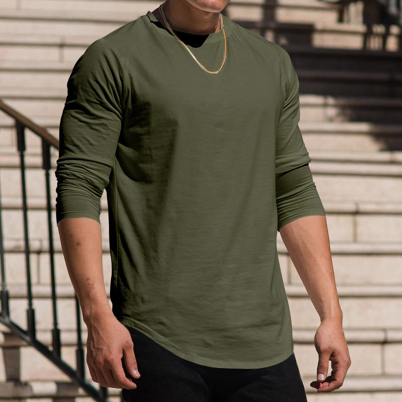 Men's Long-sleeved Casual Round Neck Solid Color Top Bottoming T-shirt Army Green - D&A