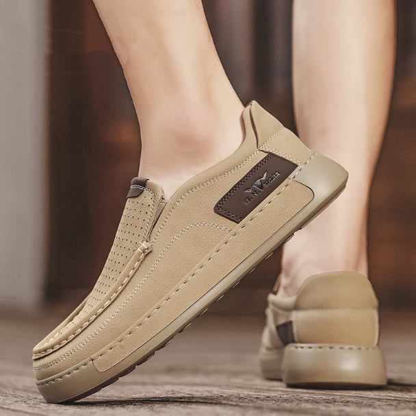 Breathable Hollow Leather Shoes Slip-on Men's Summer Business Casual Shoes Khaki - D&A