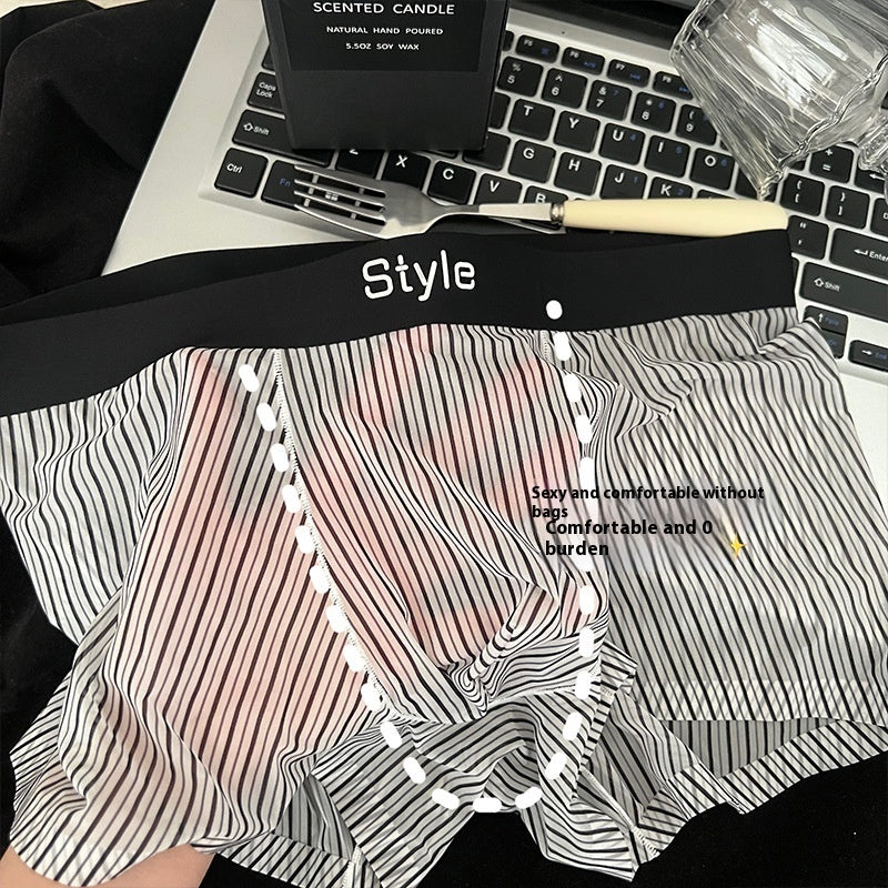Vintage Stripe Men's Ice Silk Breathable Transparent Bottom Crotch Boxer Briefs - D&A