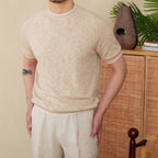 Breathable Round Neck Linen Cotton Casual Knitted Short-sleeved T-shirt Hemp Apricot - D&A